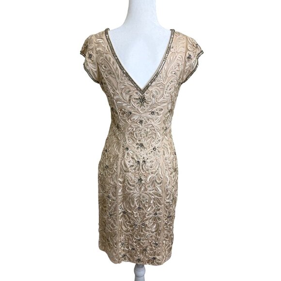 Sue Wong Nocturne Cocktail Dress Sequined Embroidered Cap Sleeve Champagne Sz 6 - Picture 3 of 8